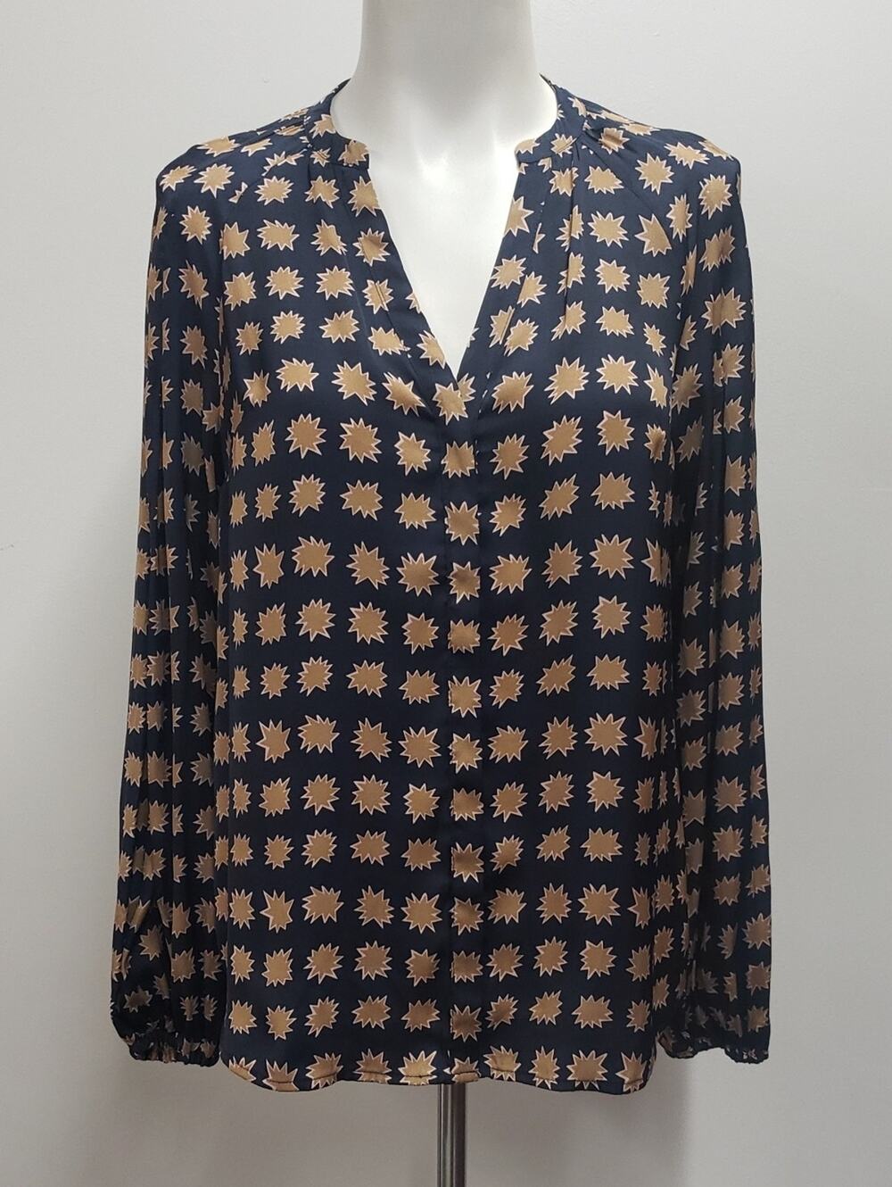 Boden V Neck Long Sleeve Blouse Navy Tan Starburst Print Women's Size 4 Office